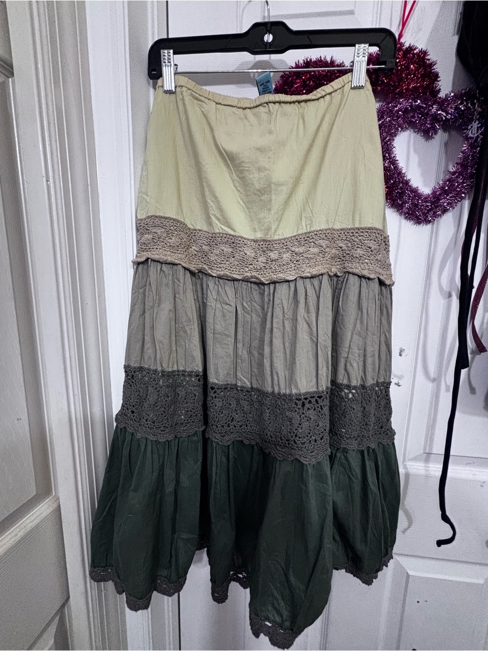 Boho Tiered Maxi Skirt in Light Green, Olive & Taupe